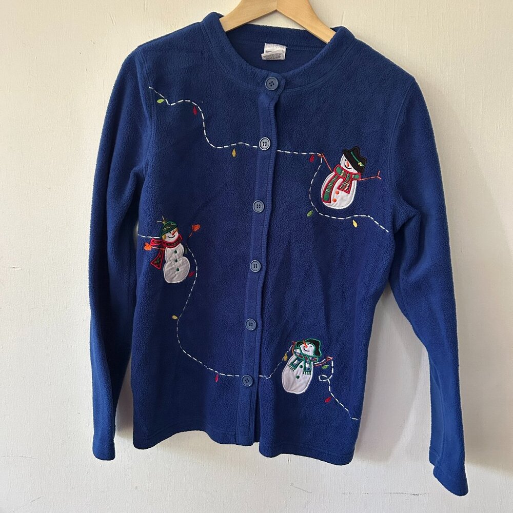 Premier International Fleece VTG Cardigan Small Blue‎ Snowman Winter Holiday